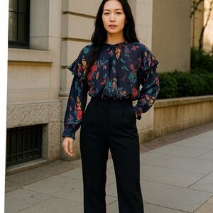 Sea New York NWT Floral Blouse Navy Blue Mari Top Size 10 Medium Ruffles Romanti
